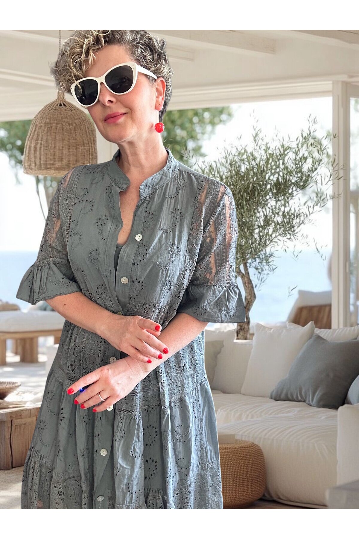 Nessi İtalyan Brode Gömlek Elbise Gri