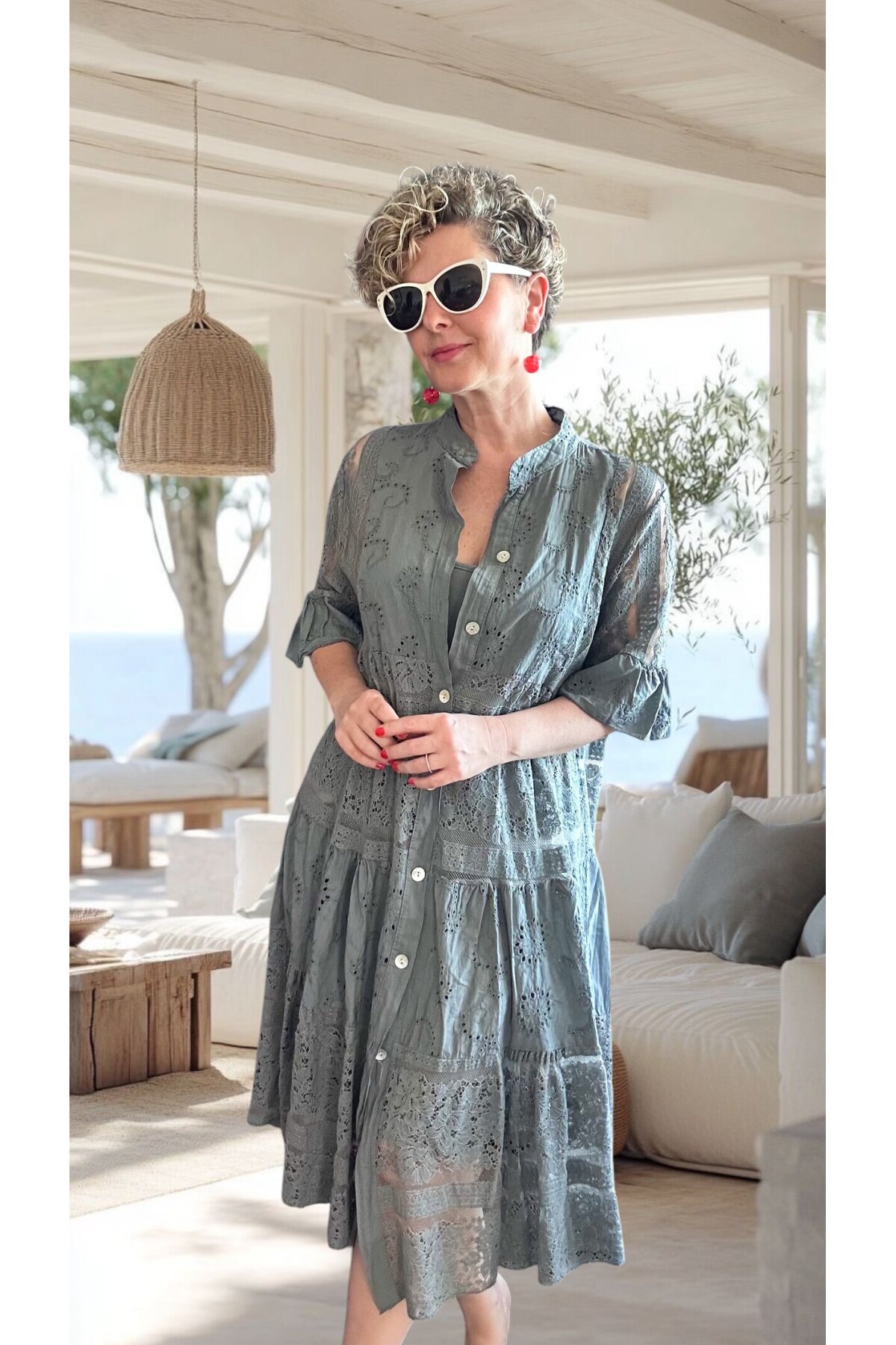 Nessi İtalyan Brode Gömlek Elbise Gri