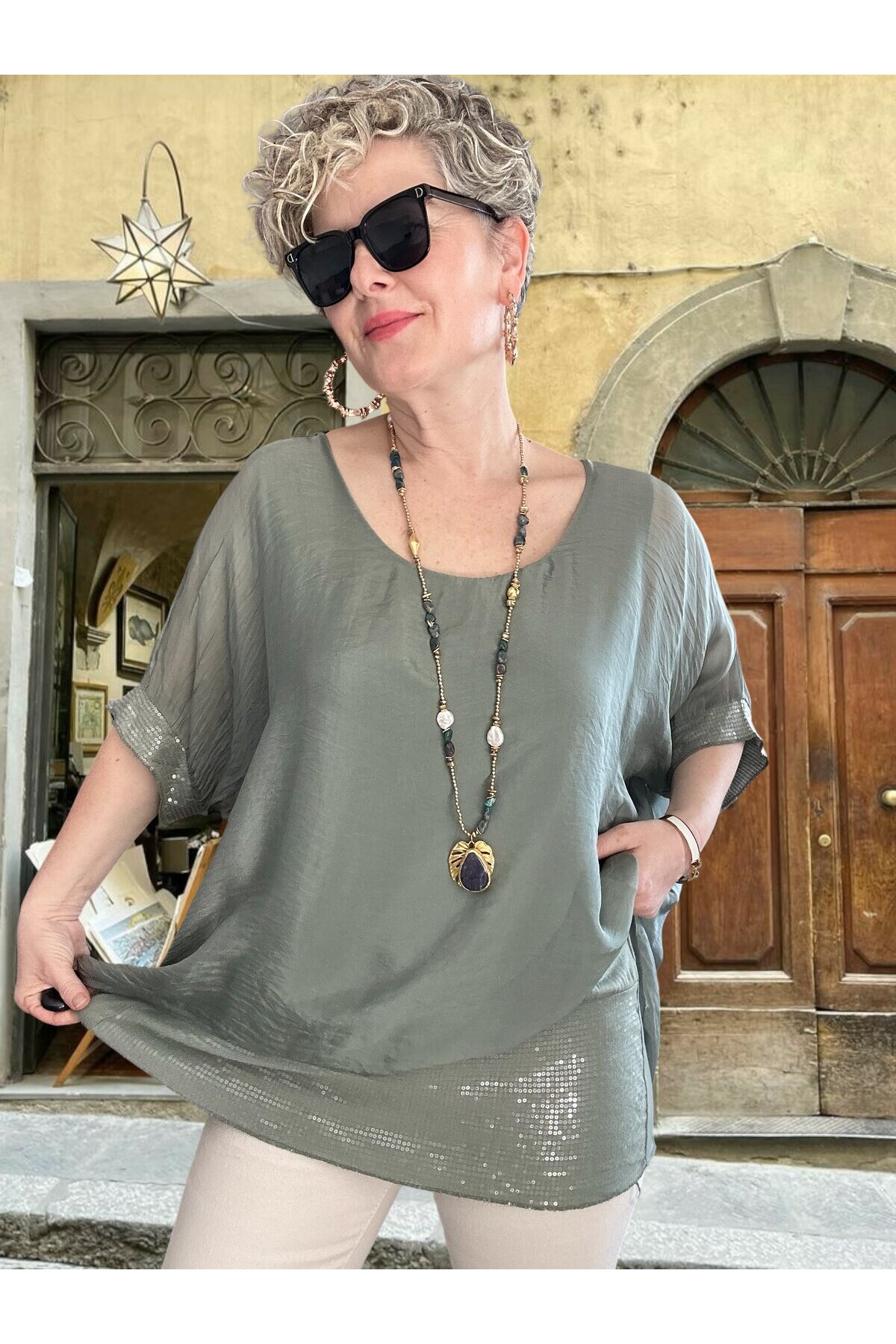 Notte İthal Pul Payetli İpek Bluz Haki