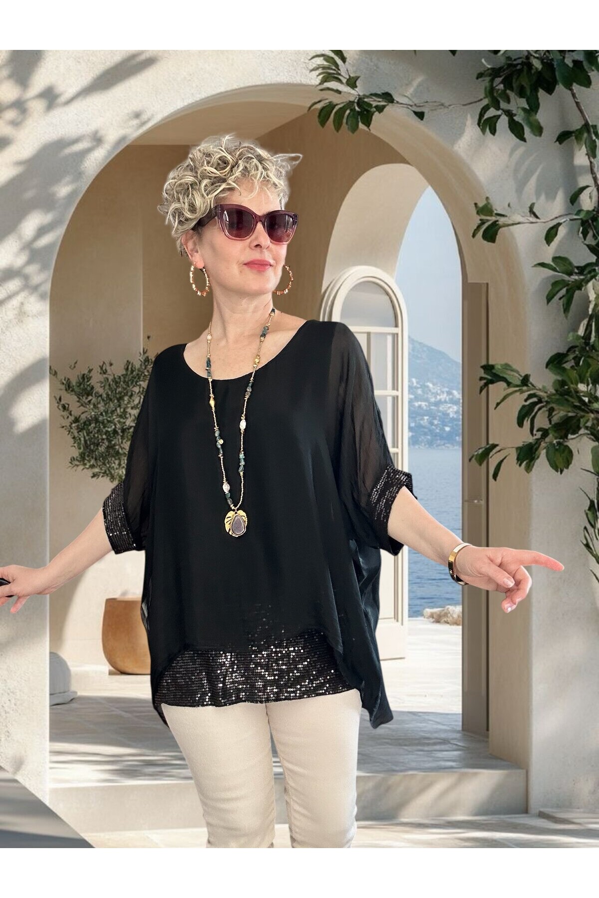 Notte İthal Pul Payetli İpek Bluz Siyah