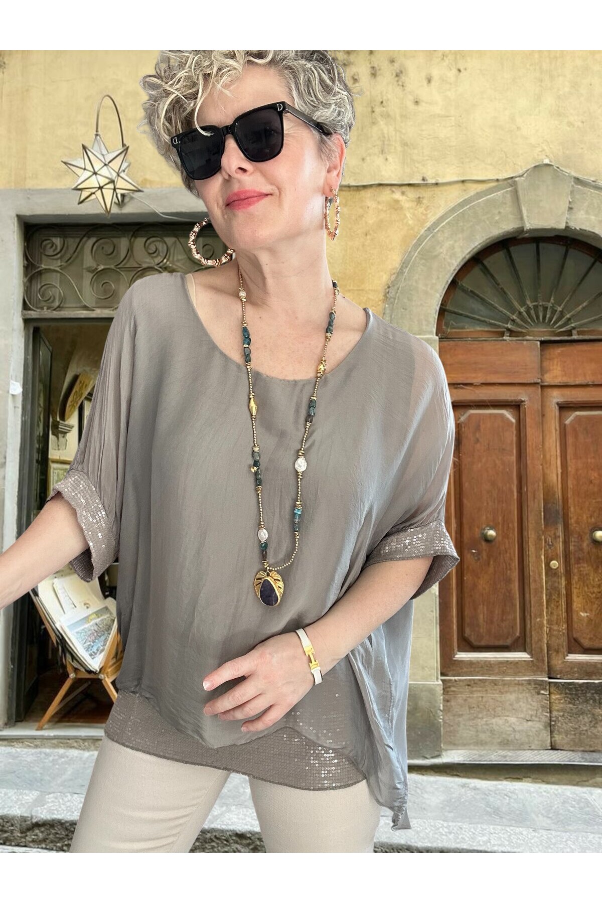 Notte İthal Pul Payetli İpek Bluz Vizon