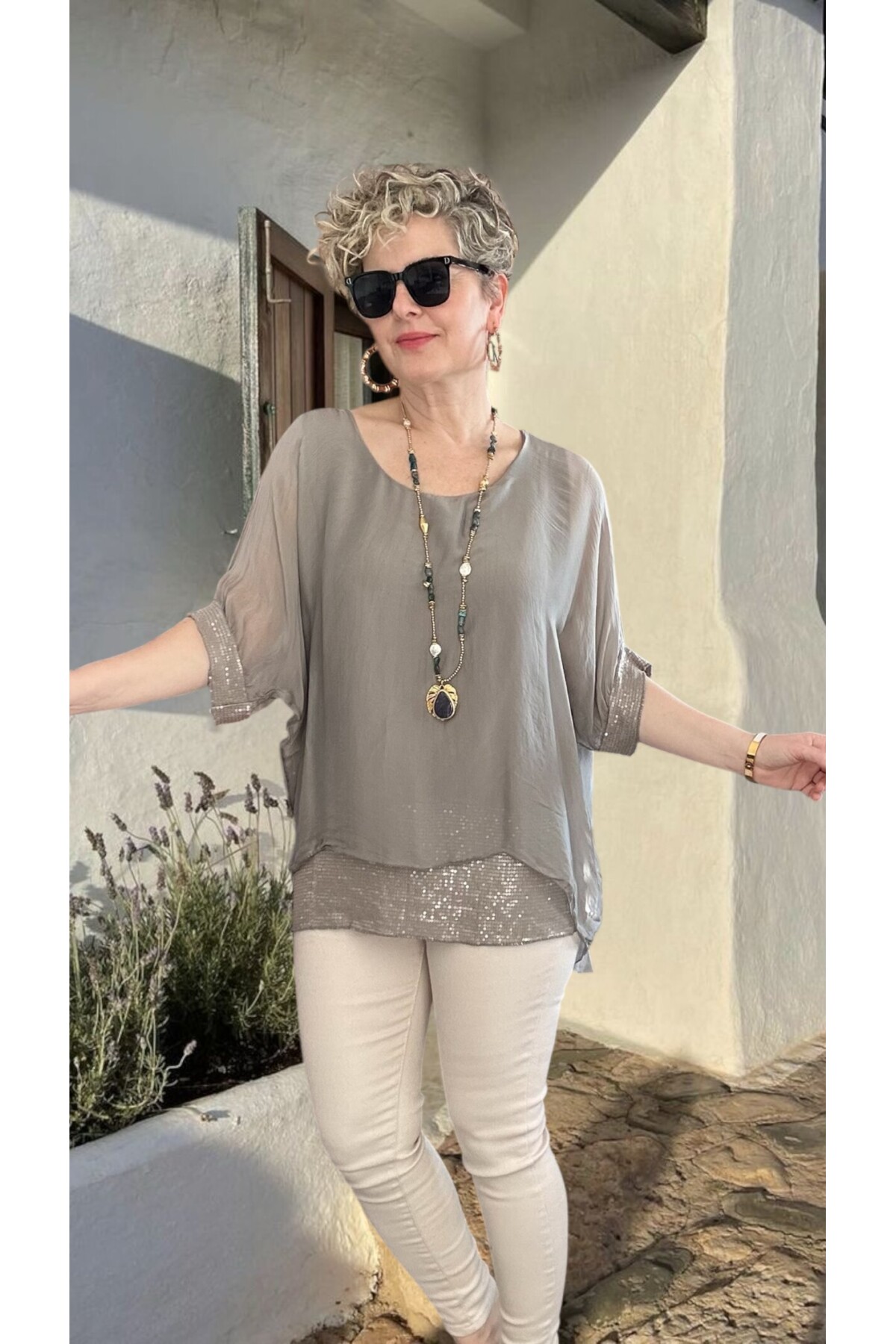 Notte İthal Pul Payetli İpek Bluz Vizon