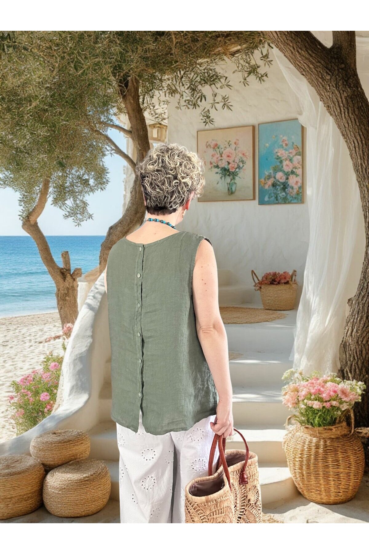 Nuvvo İthal %100 Linen Sırt Düğmeli Asimetrik Bluz Haki