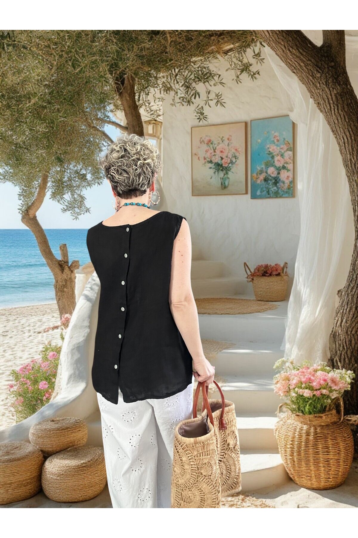 Nuvvo İthal %100 Linen Sırt Düğmeli Asimetrik Bluz Siyah