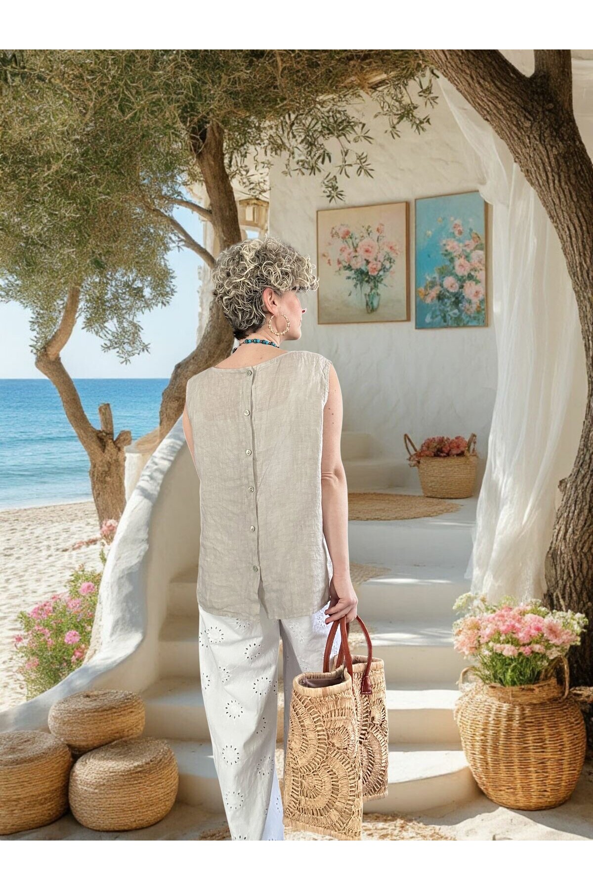 Nuvvo İthal %100 Linen Sırt Düğmeli Asimetrik Bluz Taş