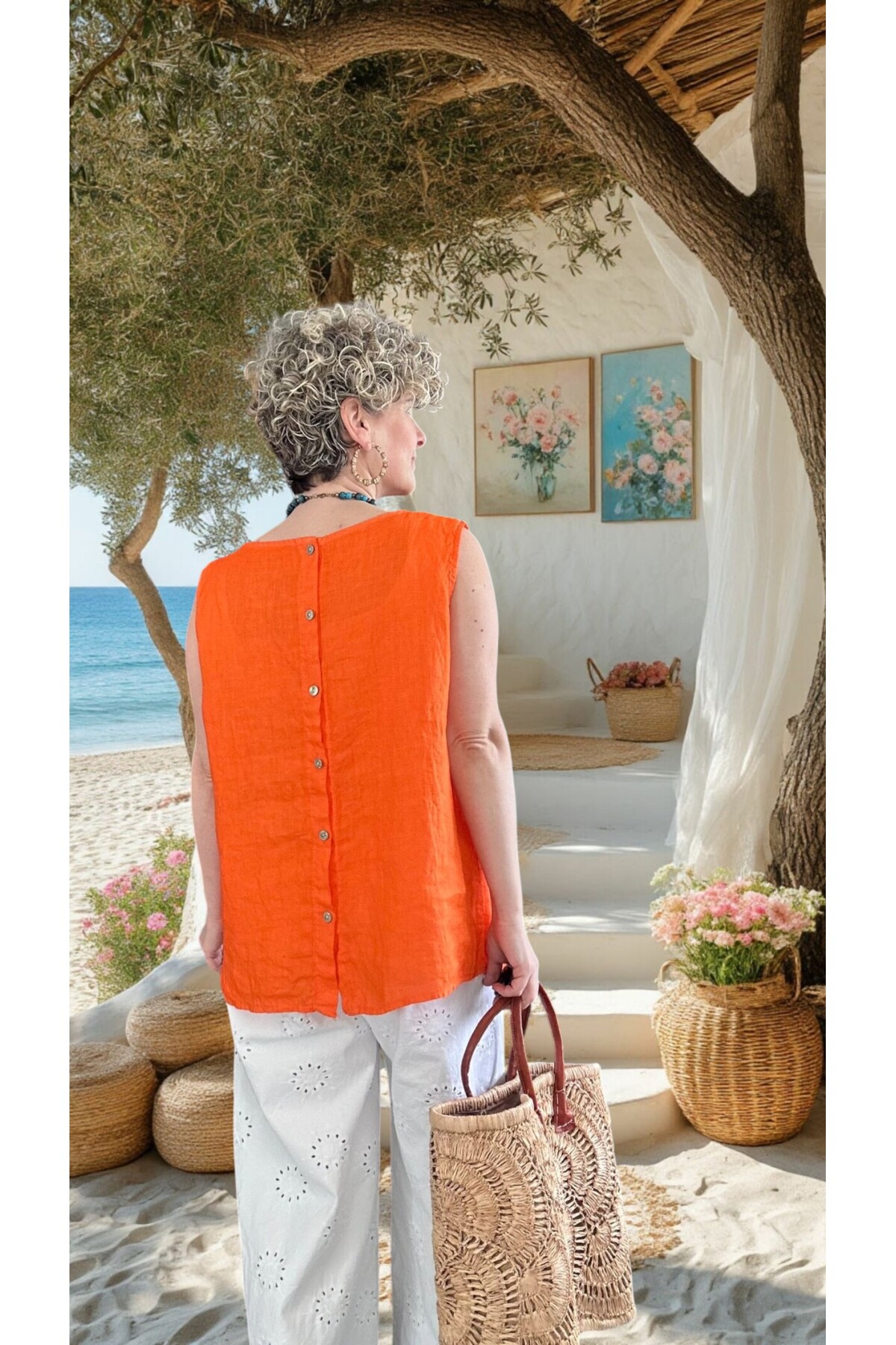 Nuvvo İthal %100 Linen Sırt Düğmeli Asimetrik Bluz Turuncu