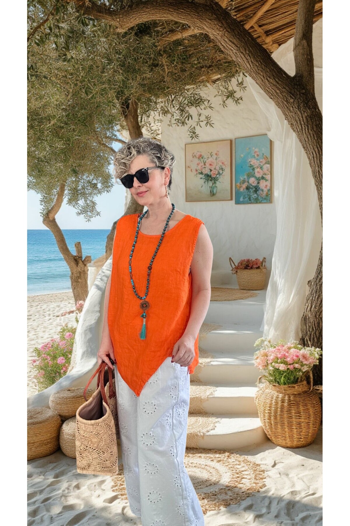 Nuvvo İthal %100 Linen Sırt Düğmeli Asimetrik Bluz Turuncu