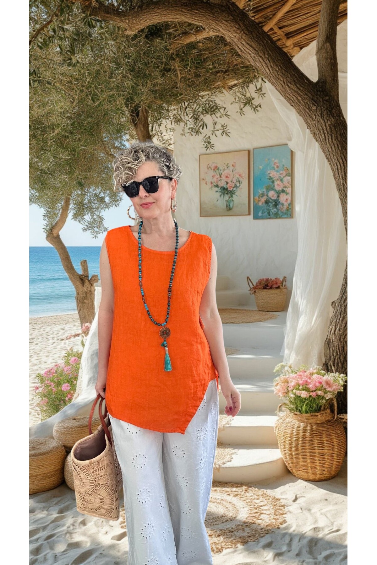 Nuvvo İthal %100 Linen Sırt Düğmeli Asimetrik Bluz Turuncu