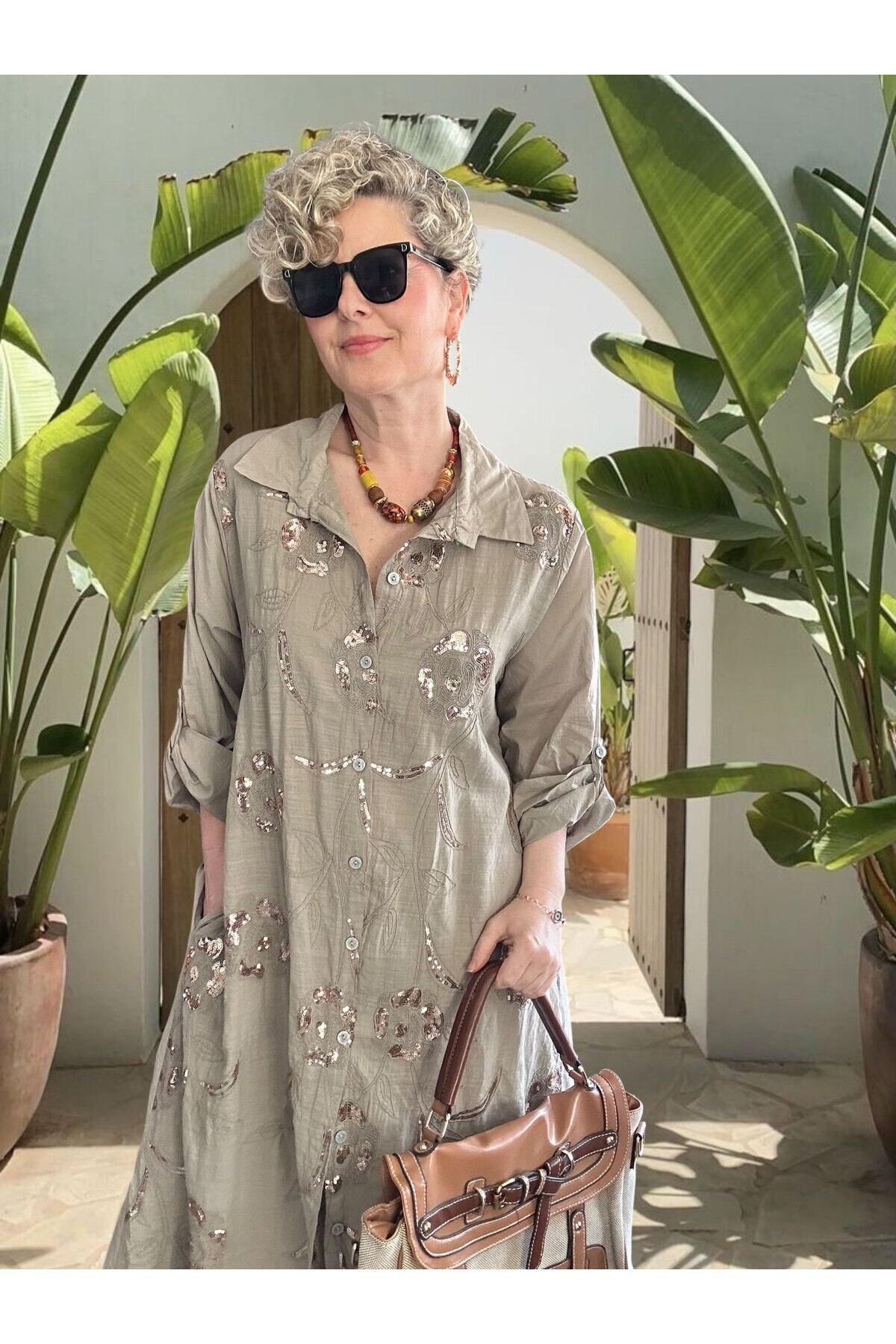 Orro İtalyan Nakışlı Payet Detaylı Gömlek Elbise Kap Fango