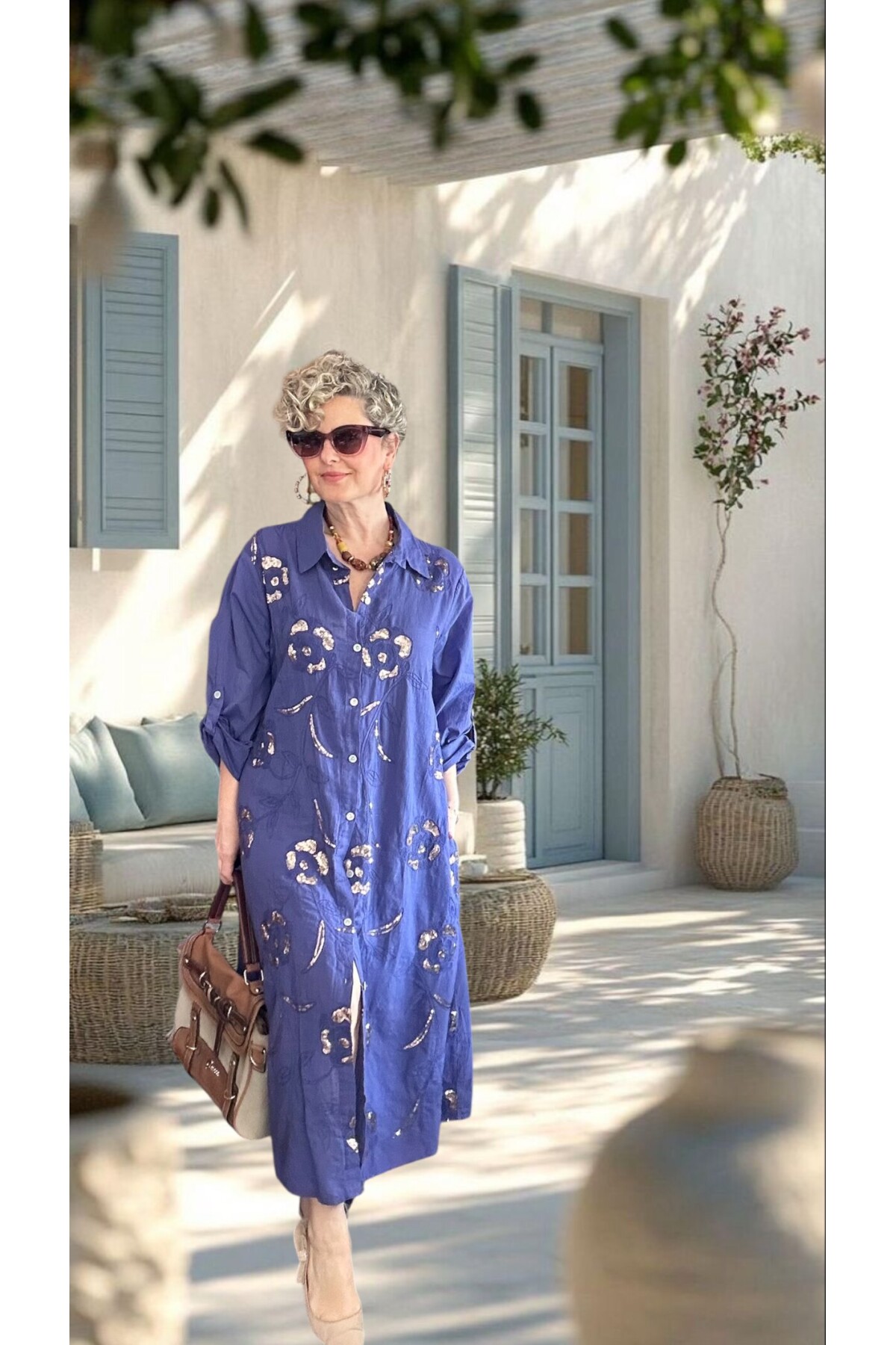 Orro İtalyan Nakışlı Payet Detaylı Gömlek Elbise Kap Viola