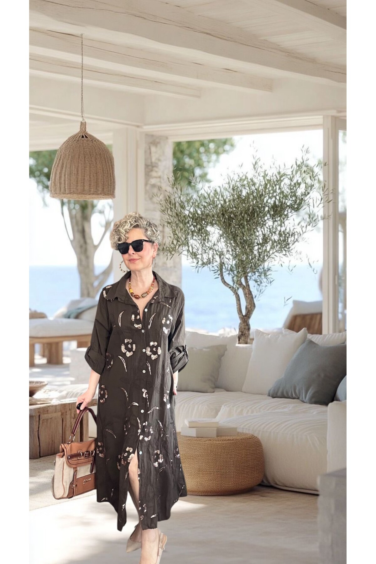 Orro İtalyan Nakışlı Payet Detaylı Gömlek Elbise Kap Kahve