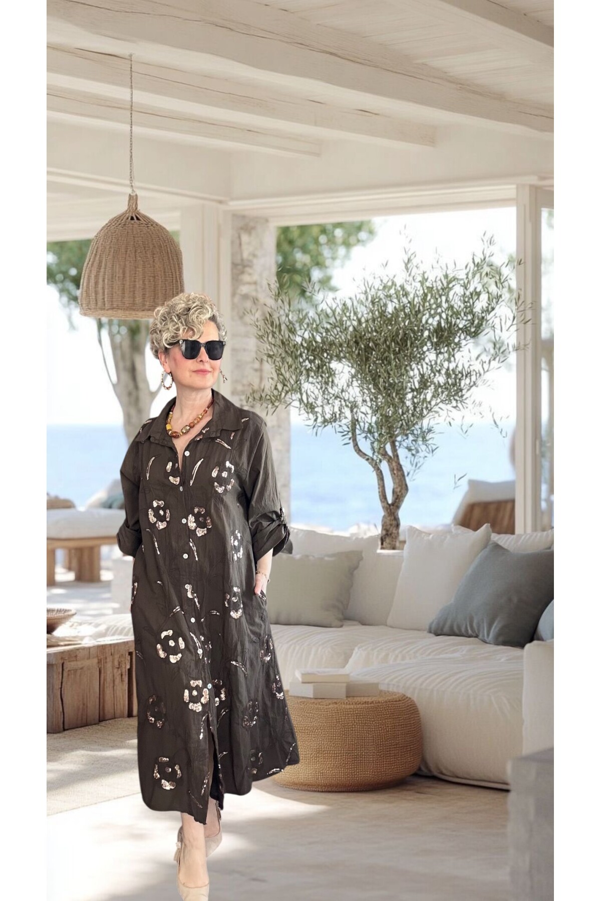 Orro İtalyan Nakışlı Payet Detaylı Gömlek Elbise Kap Kahve