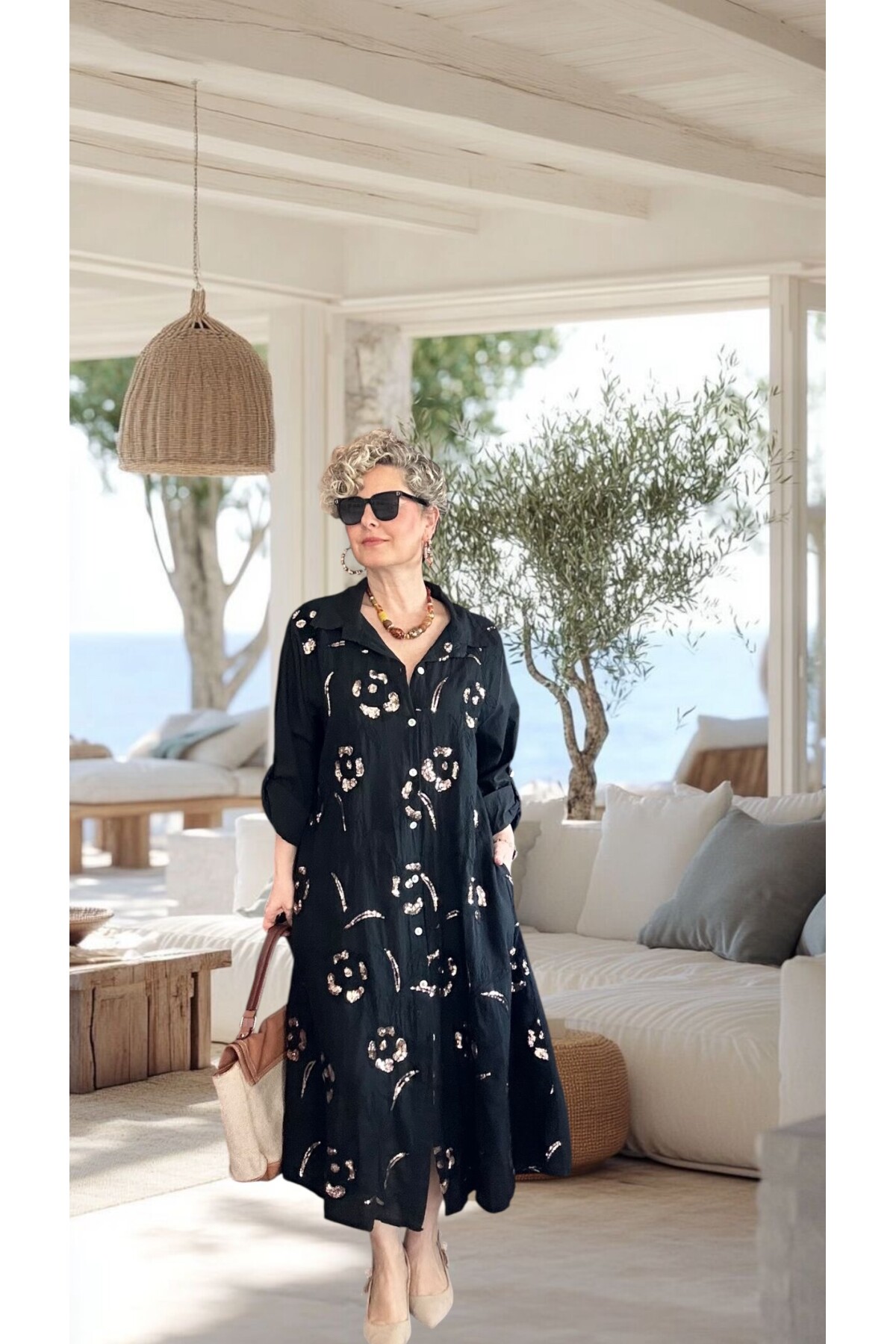 Orro İtalyan Nakışlı Payet Detaylı Gömlek Elbise Kap Siyah