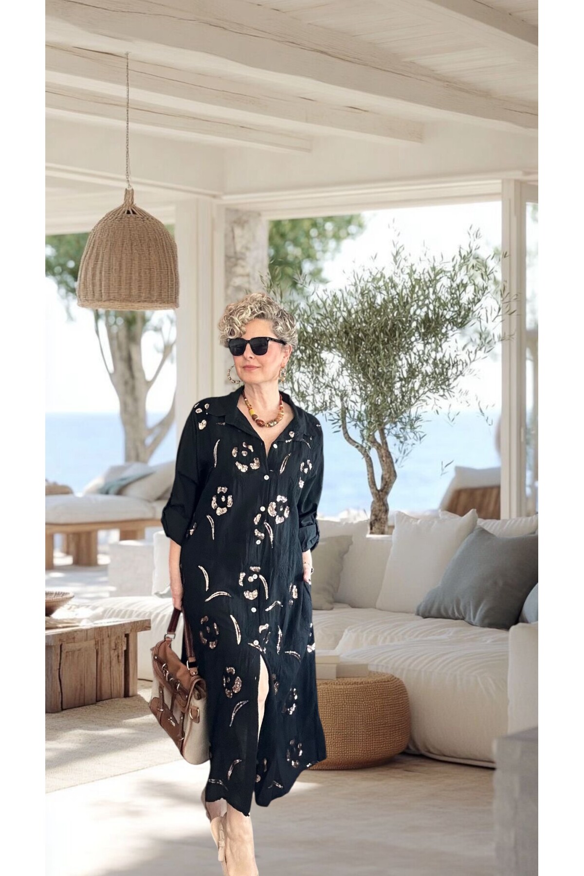 Orro İtalyan Nakışlı Payet Detaylı Gömlek Elbise Kap Siyah