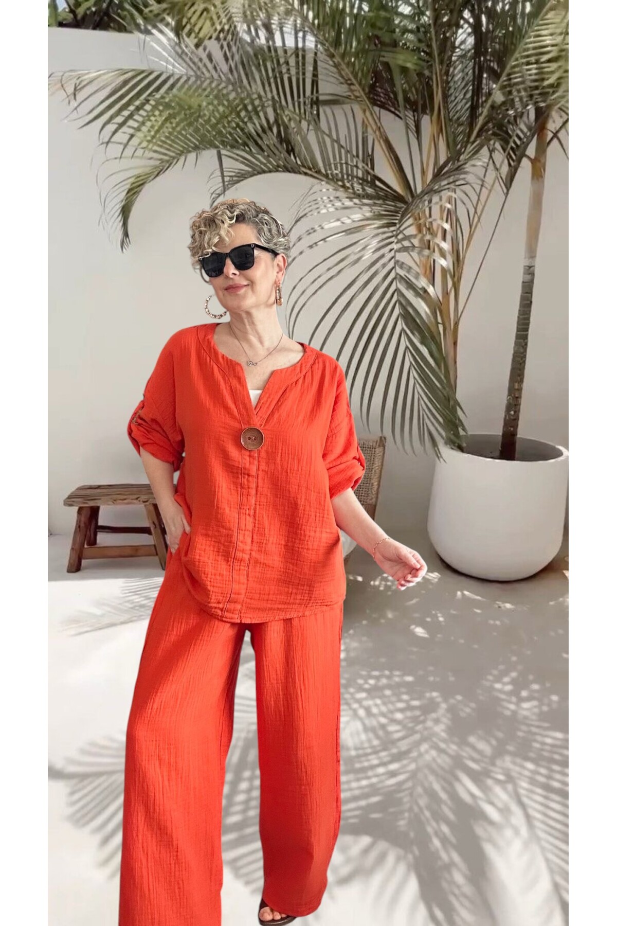 Passero Müslin Tahta Düğmeli Bluz Pantolon Takım Kiremit