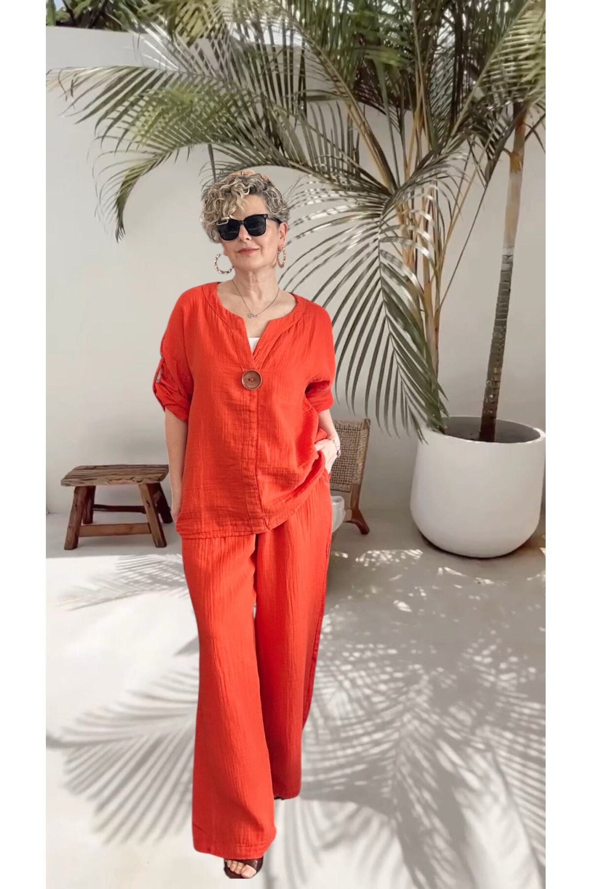 Passero Müslin Tahta Düğmeli Bluz Pantolon Takım Kiremit