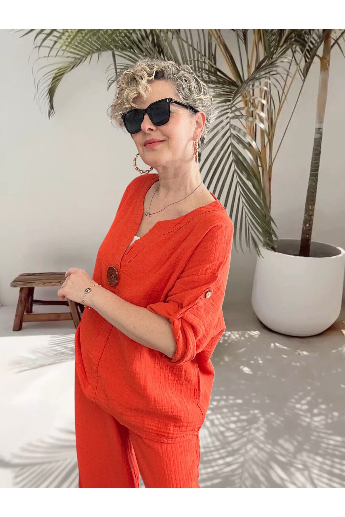 Passero Müslin Tahta Düğmeli Bluz Pantolon Takım Kiremit