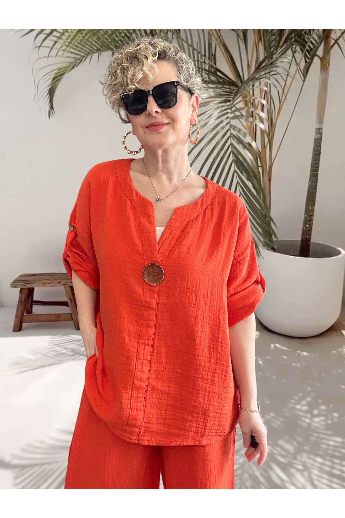 Passero Müslin Tahta Düğmeli Bluz Pantolon Takım Kiremit