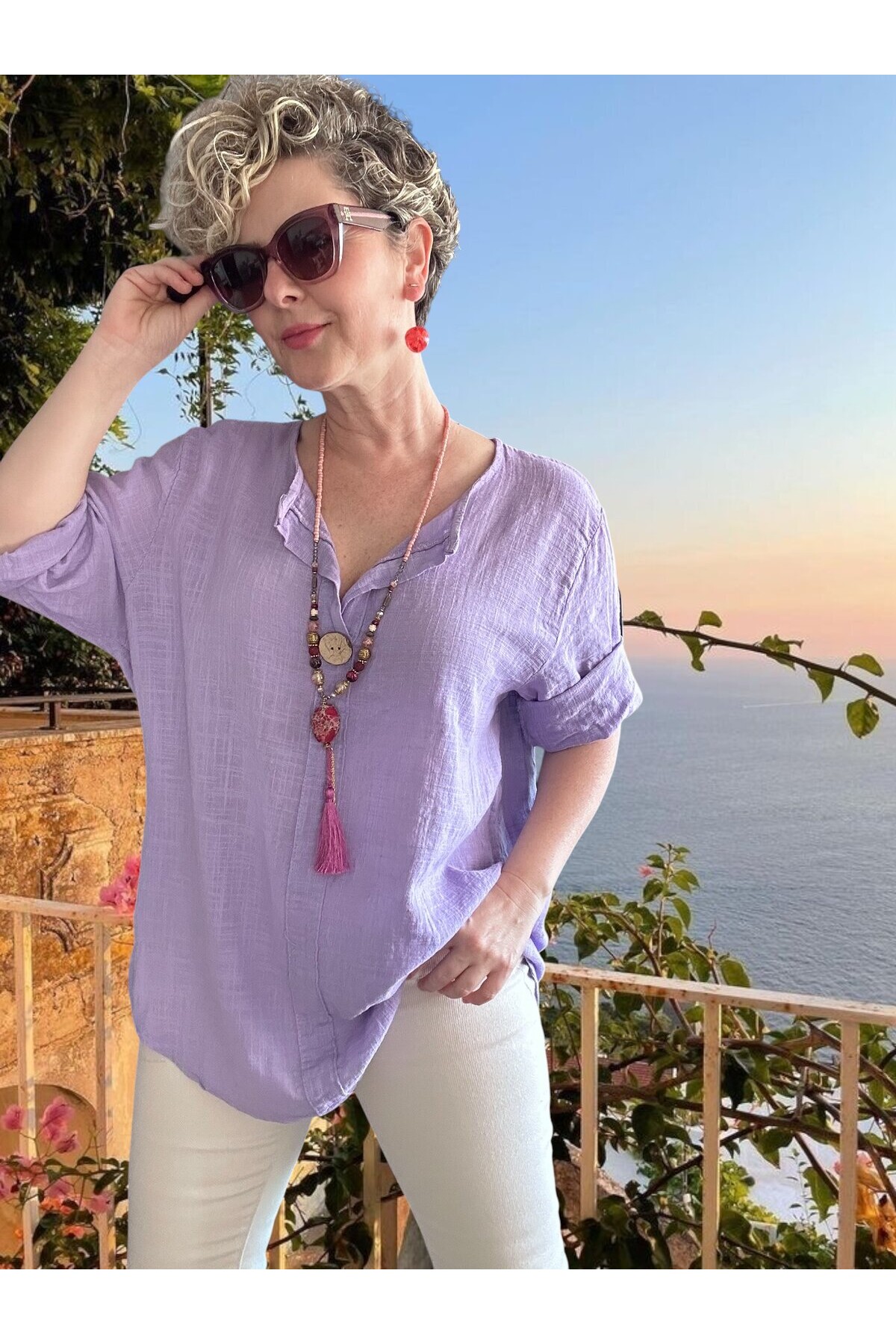 Peppino İtalyan Tahta Düğme Detay Bluz Eflatun