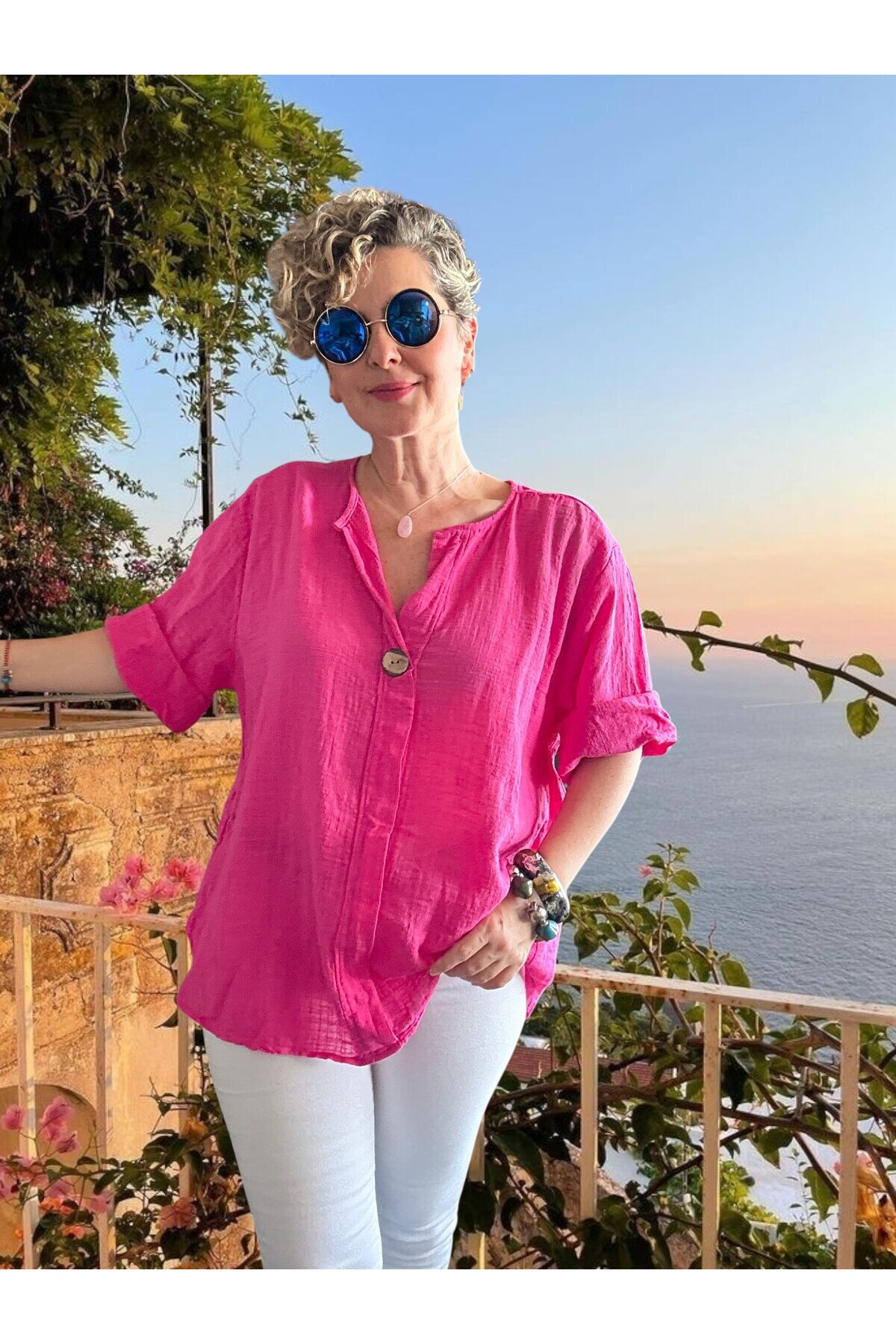 Peppino İtalyan Tahta Düğme Detay Bluz Fuşya