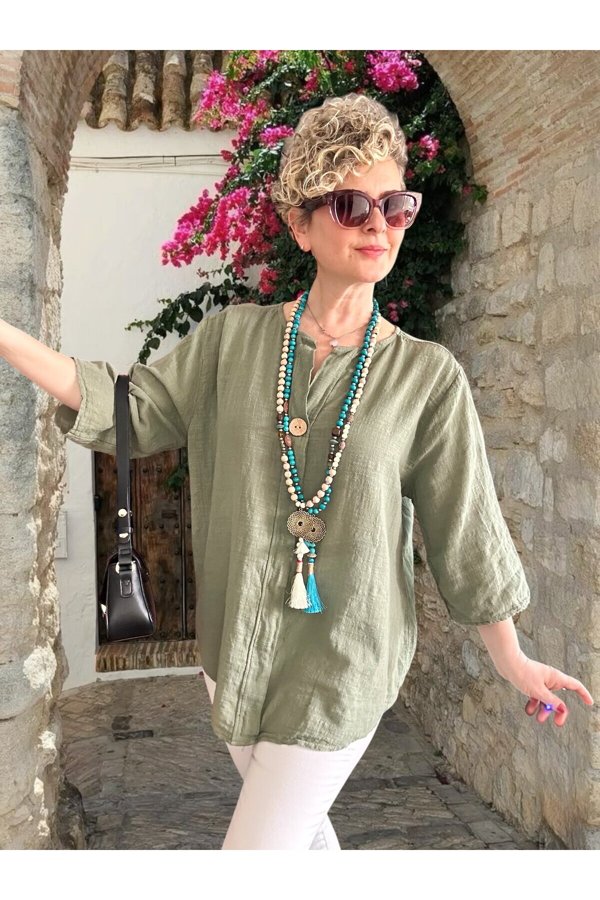 Peppino İtalyan Tahta Düğme Detay Bluz Haki