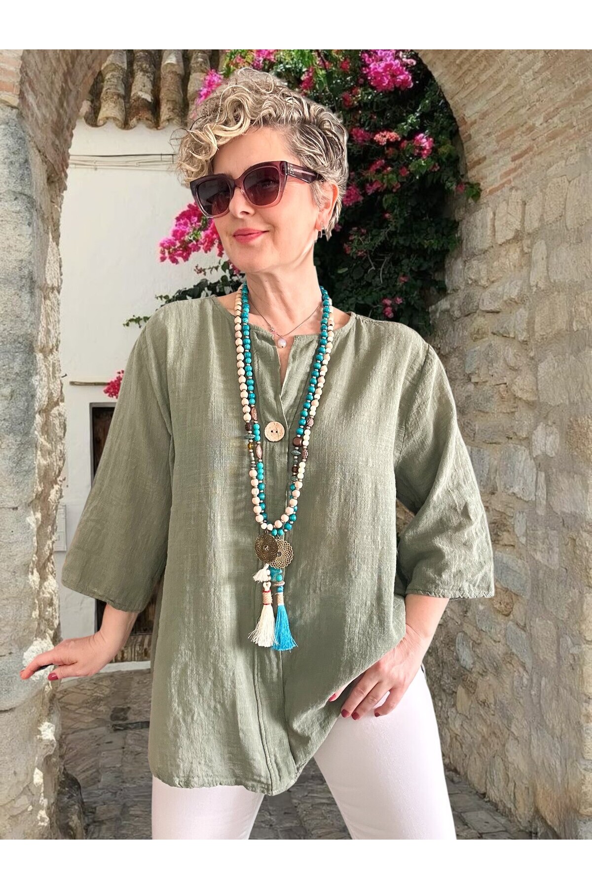 Peppino İtalyan Tahta Düğme Detay Bluz Haki