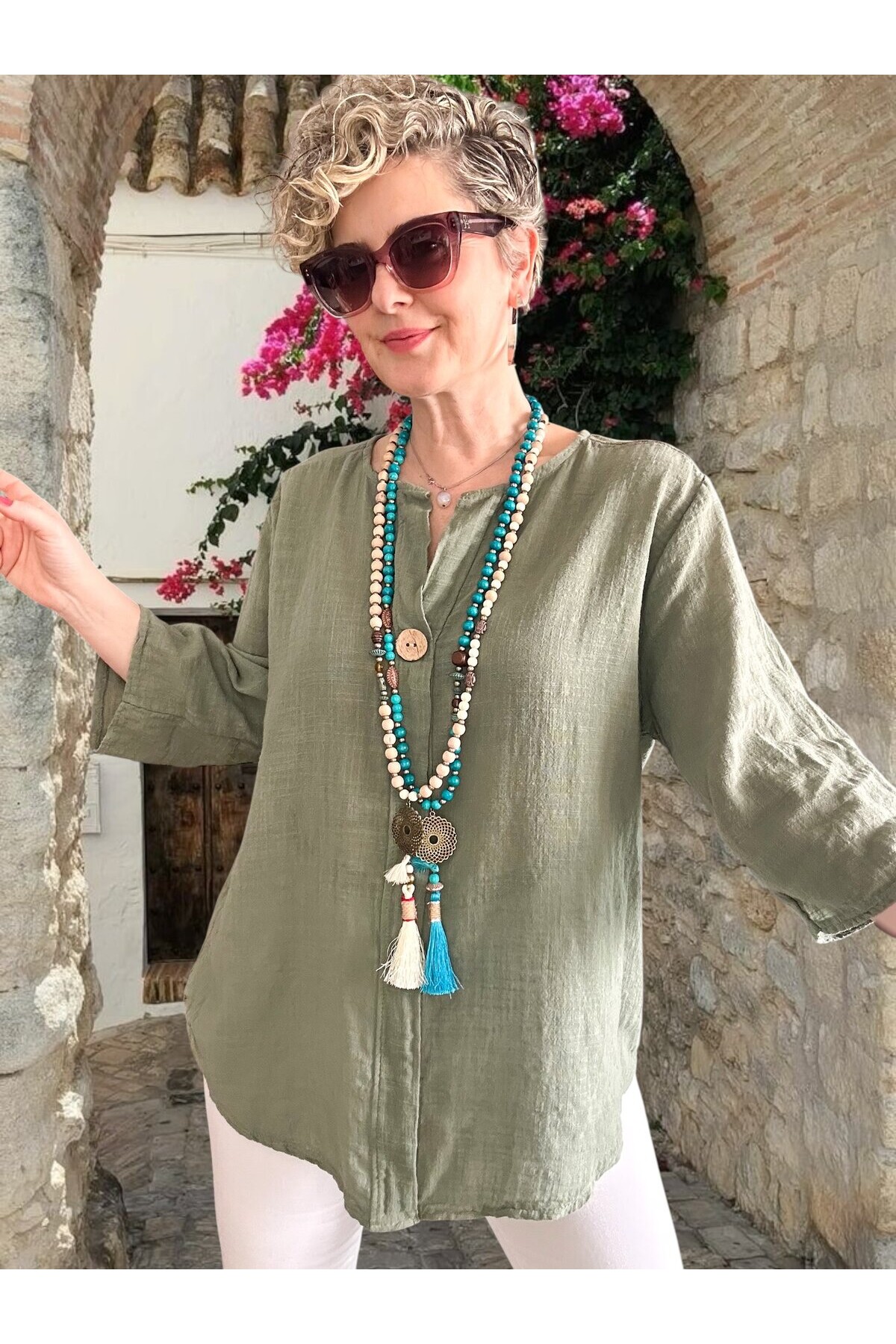 Peppino İtalyan Tahta Düğme Detay Bluz Haki