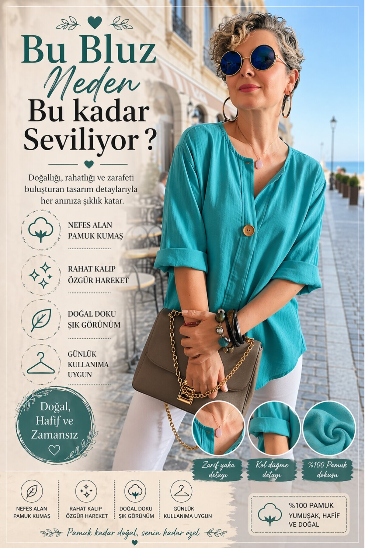 Peppino İtalyan Tahta Düğme Detay Bluz Lagoon