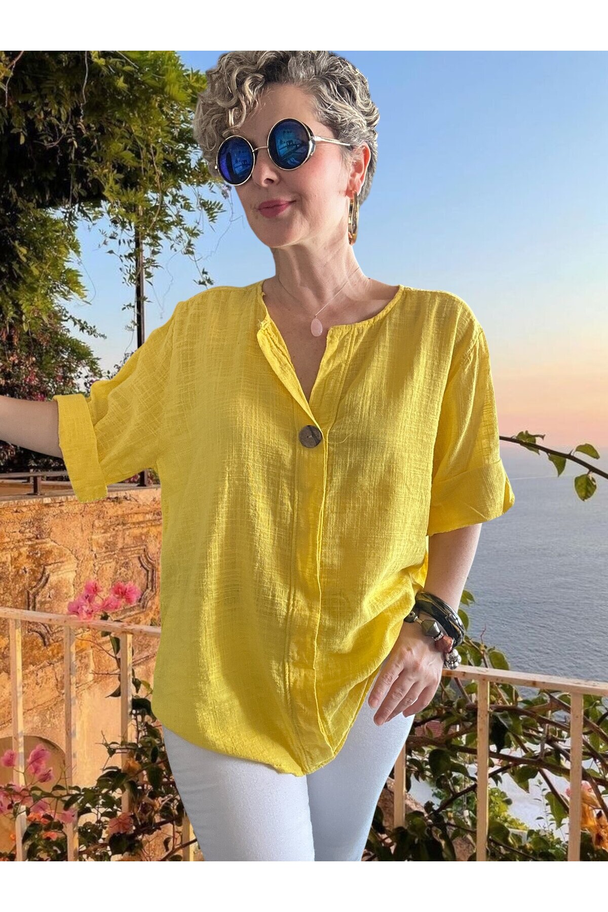 Peppino İtalyan Tahta Düğme Detay Bluz Sarı