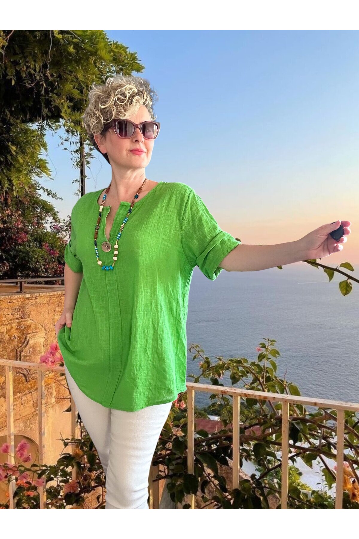 Peppino İtalyan Tahta Düğme Detay Bluz Yeşil