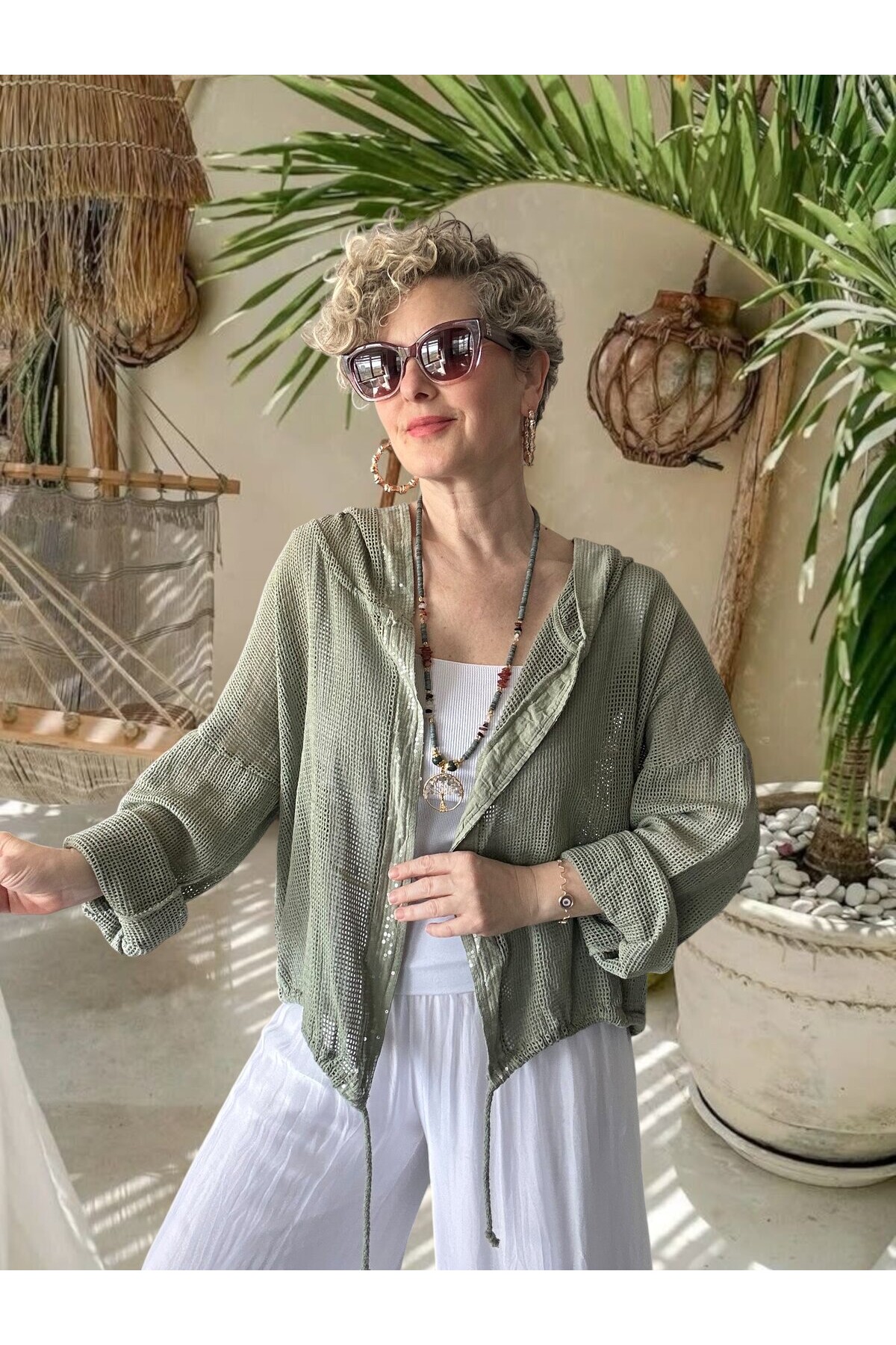 Pirlo İtalyan Pul Detaylı Kapüşonlu File Ceket Haki