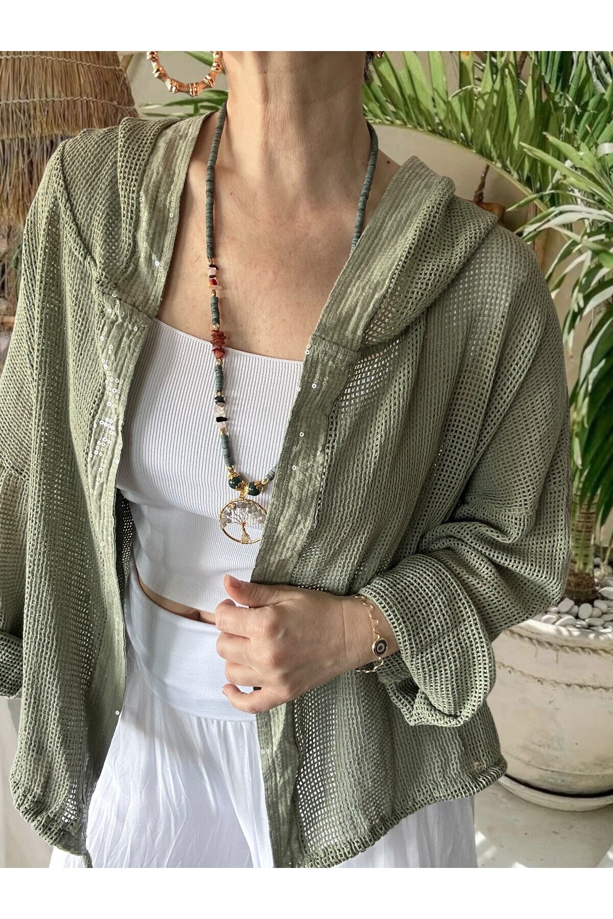 Pirlo İtalyan Pul Detaylı Kapüşonlu File Ceket Haki