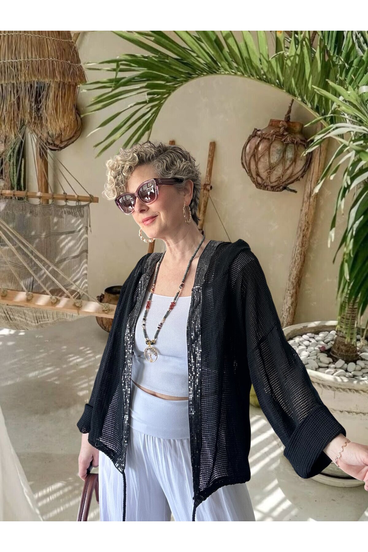 Pirlo İtalyan Pul Detaylı Kapüşonlu File Ceket Siyah