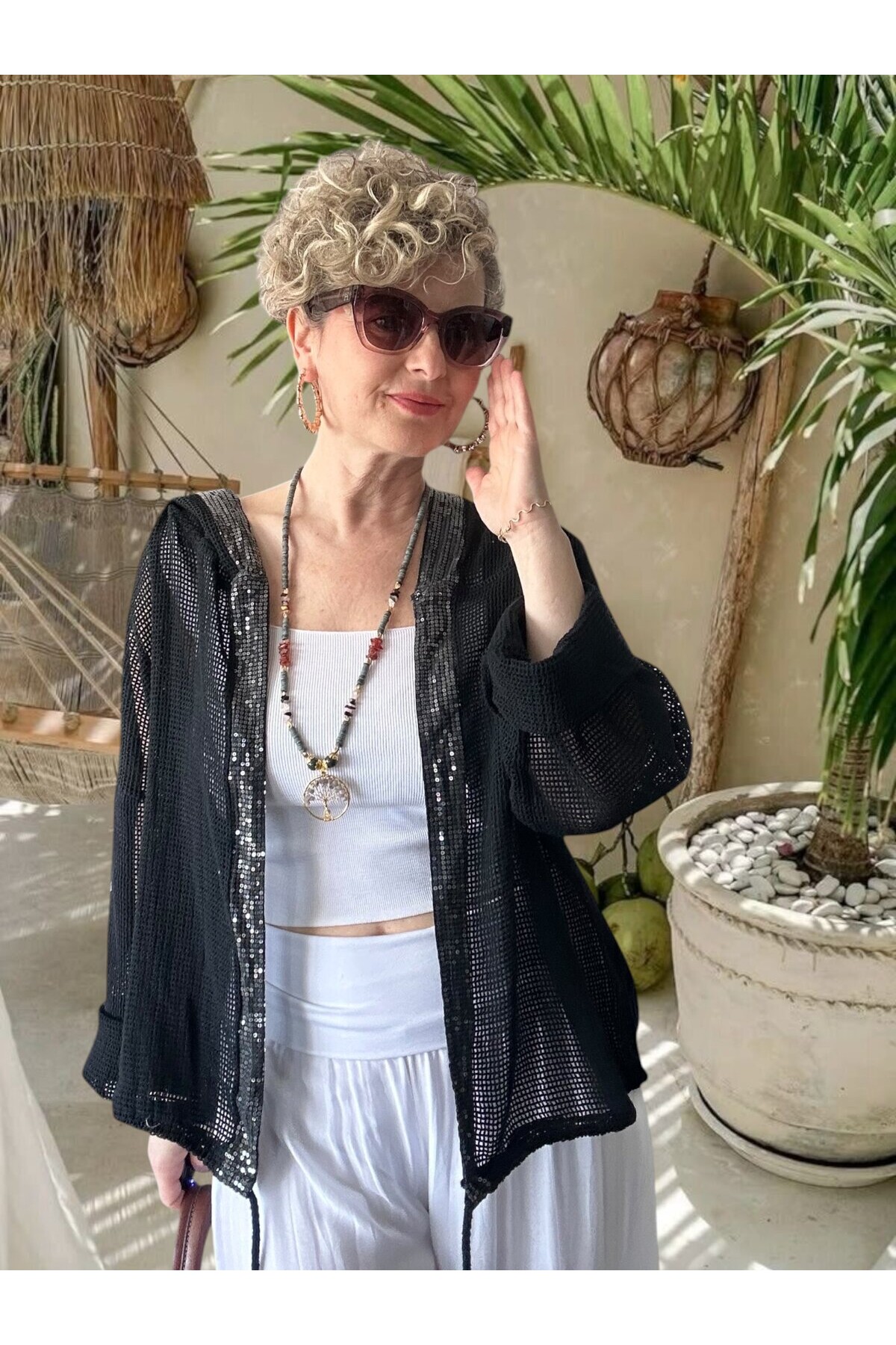 Pirlo İtalyan Pul Detaylı Kapüşonlu File Ceket Siyah