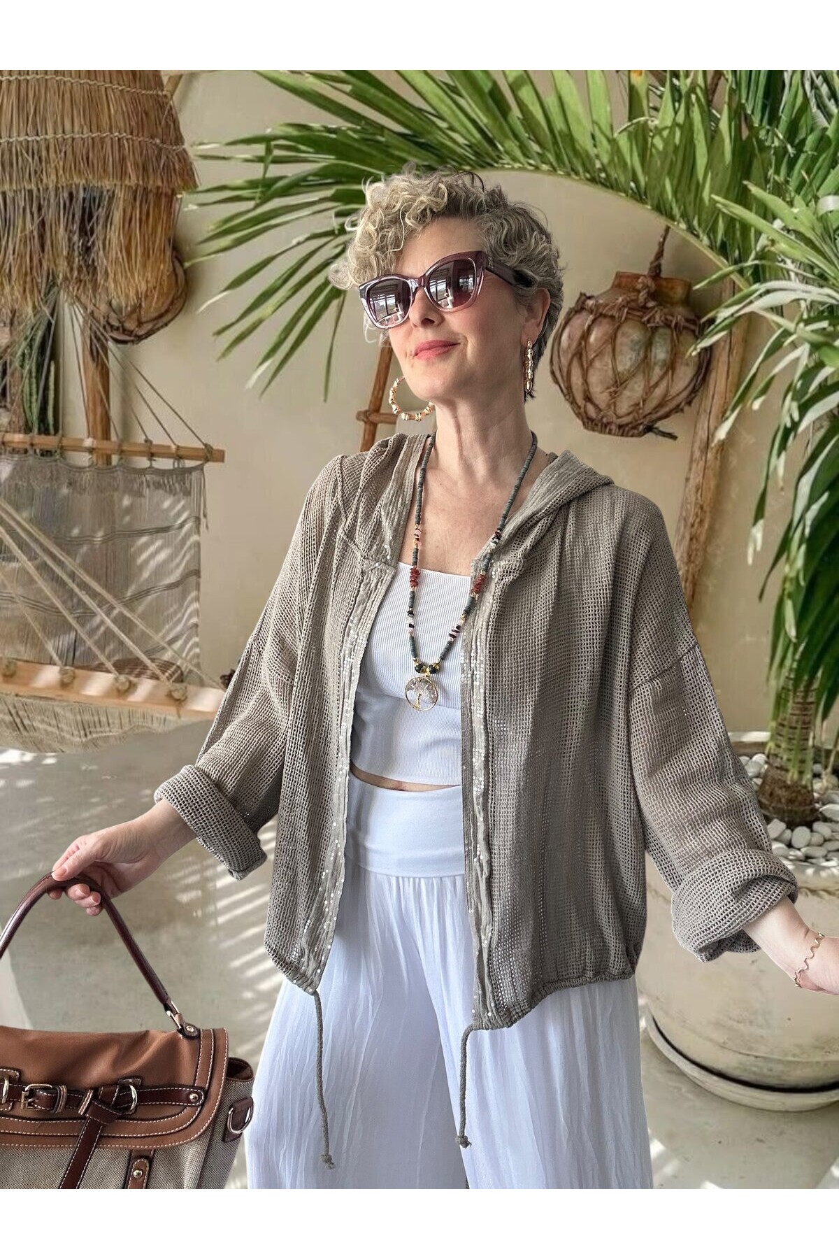 Pirlo İtalyan Pul Detaylı Kapüşonlu File Ceket Vizon