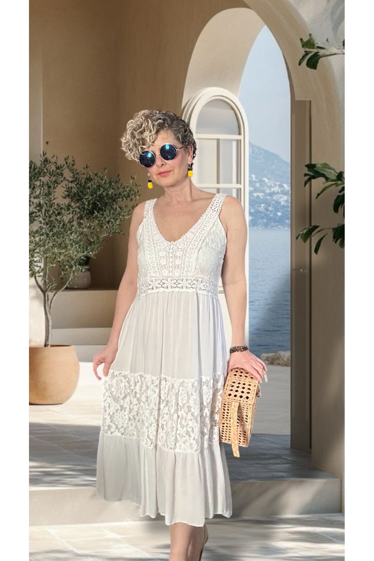 Pizzo İtalyan Brode İşlemeli Elbise Beyaz