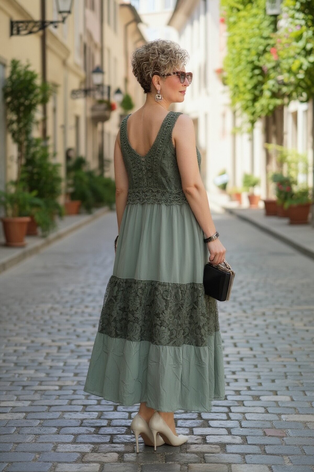 Pizzo İtalyan Brode İşlemeli Elbise Haki