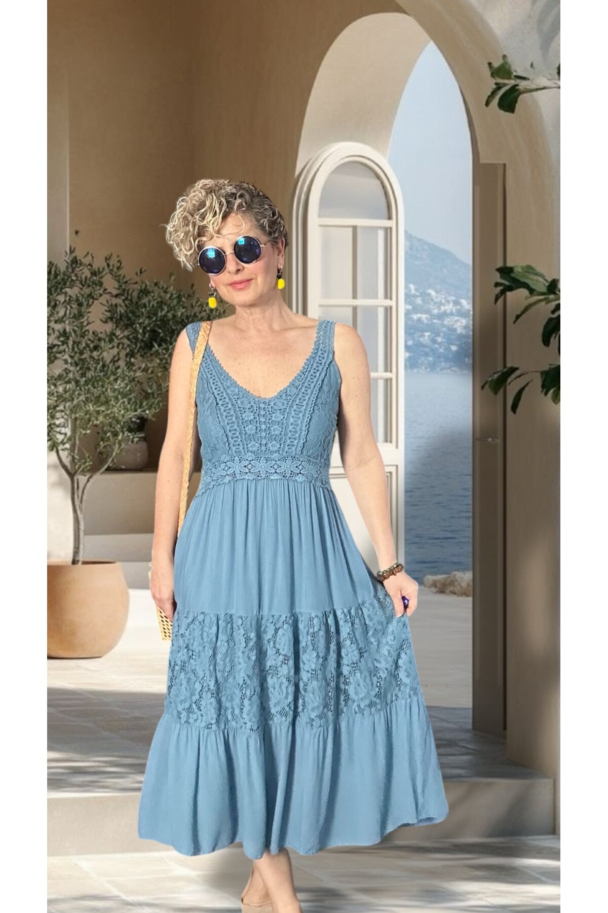 Pizzo İtalyan Brode İşlemeli Elbise İndigo