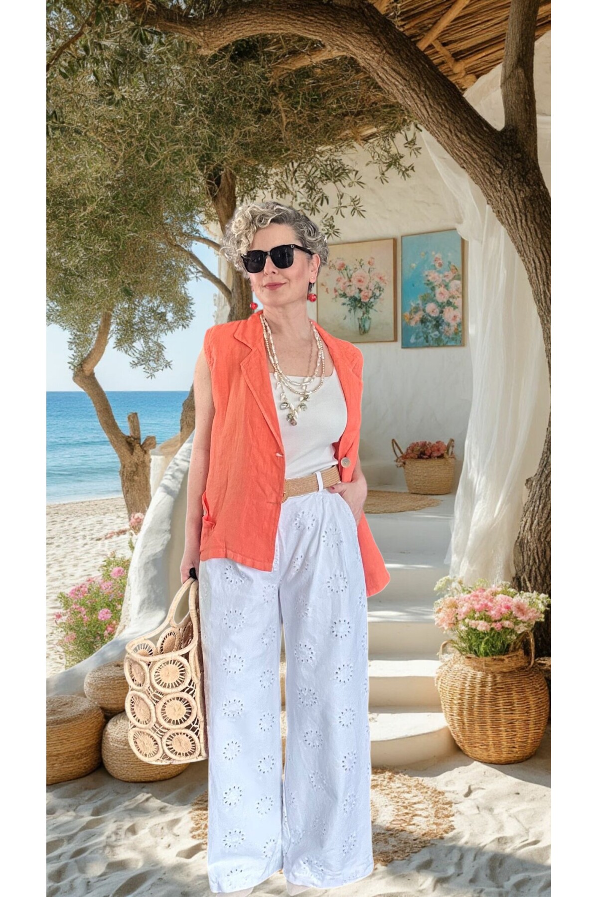 Prato Hasır Kemerli Fisto Nakışlı Pamuk Pantolon Beyaz