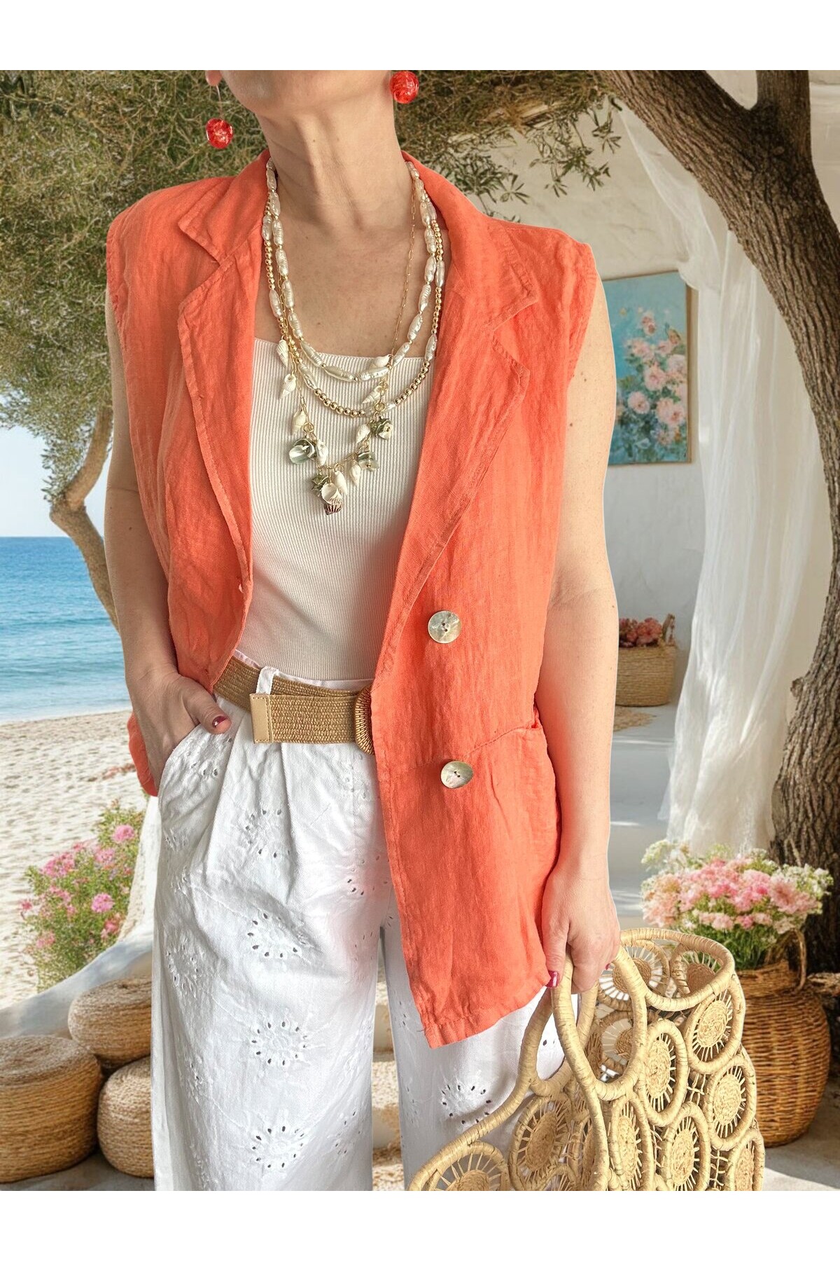 Prato Hasır Kemerli Fisto Nakışlı Pamuk Pantolon Beyaz