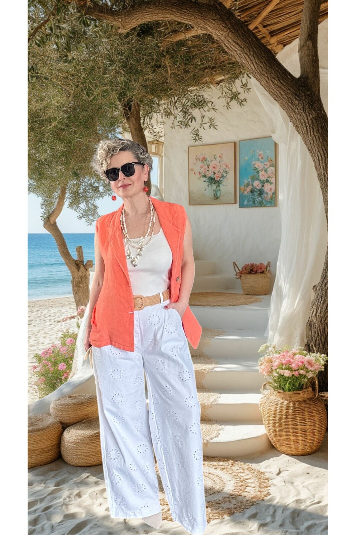 Prato Hasır Kemerli Fisto Nakışlı Pamuk Pantolon Beyaz