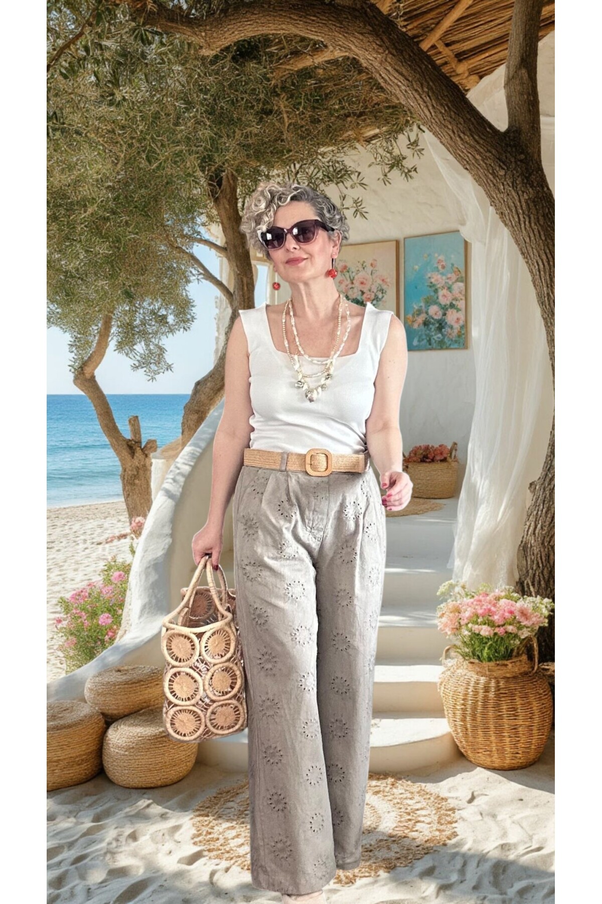 Prato Hasır Kemerli Fisto Nakışlı Pamuk Pantolon Fango