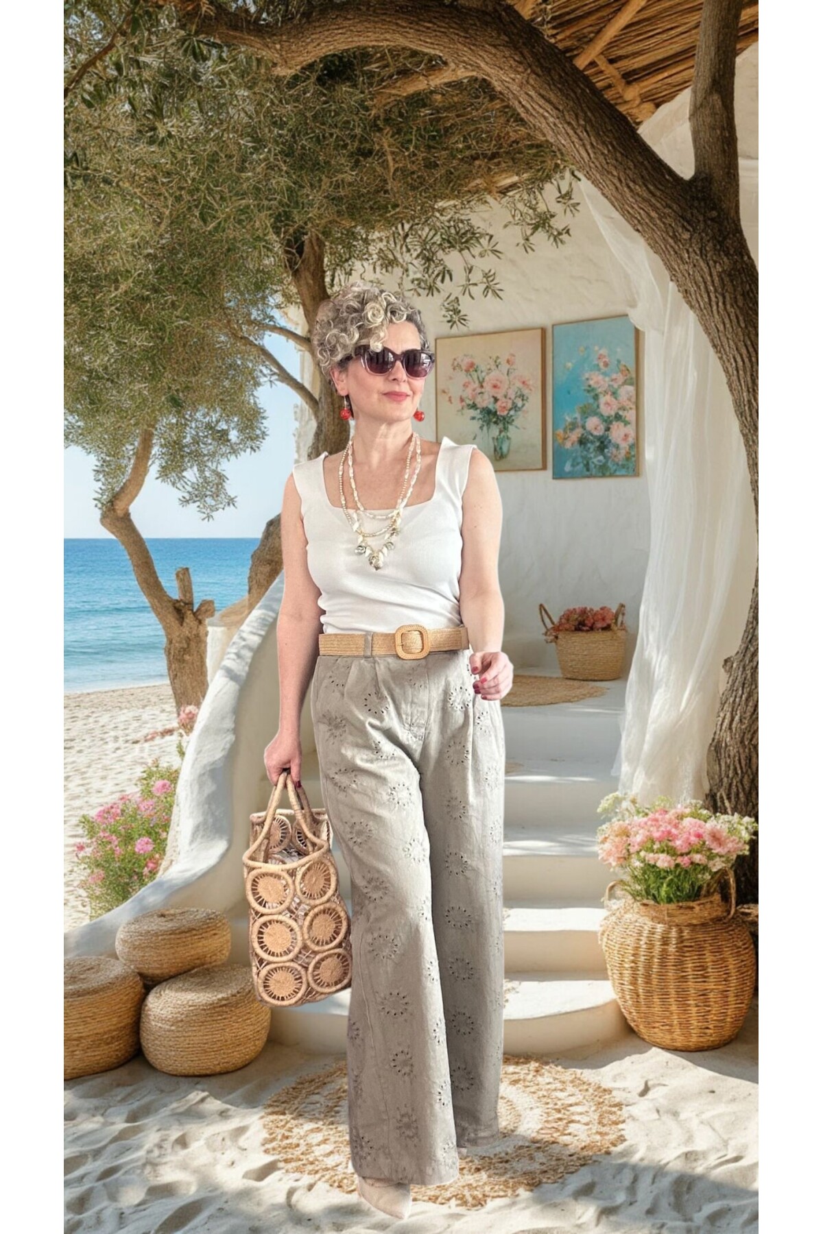 Prato Hasır Kemerli Fisto Nakışlı Pamuk Pantolon Fango