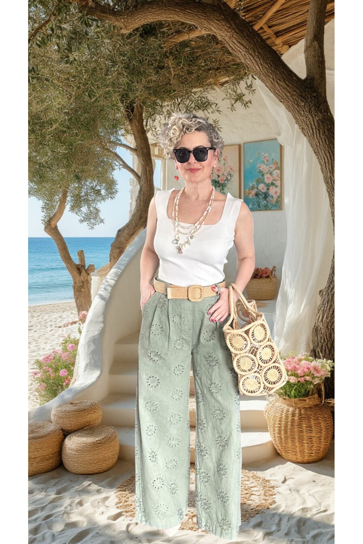 Prato Hasır Kemerli Fisto Nakışlı Pamuk Pantolon Haki