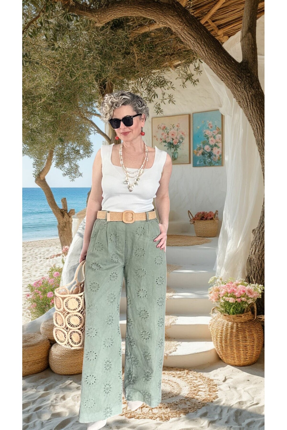 Prato Hasır Kemerli Fisto Nakışlı Pamuk Pantolon Haki