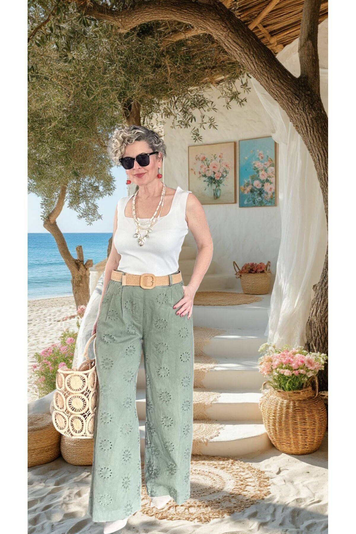 Prato Hasır Kemerli Fisto Nakışlı Pamuk Pantolon Haki