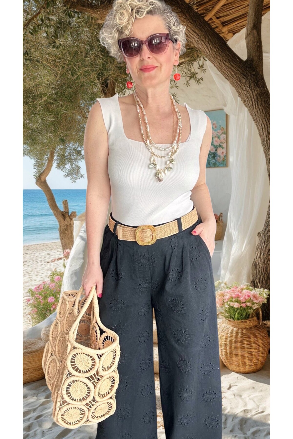 Prato Hasır Kemerli Fisto Nakışlı Pamuk Pantolon Siyah