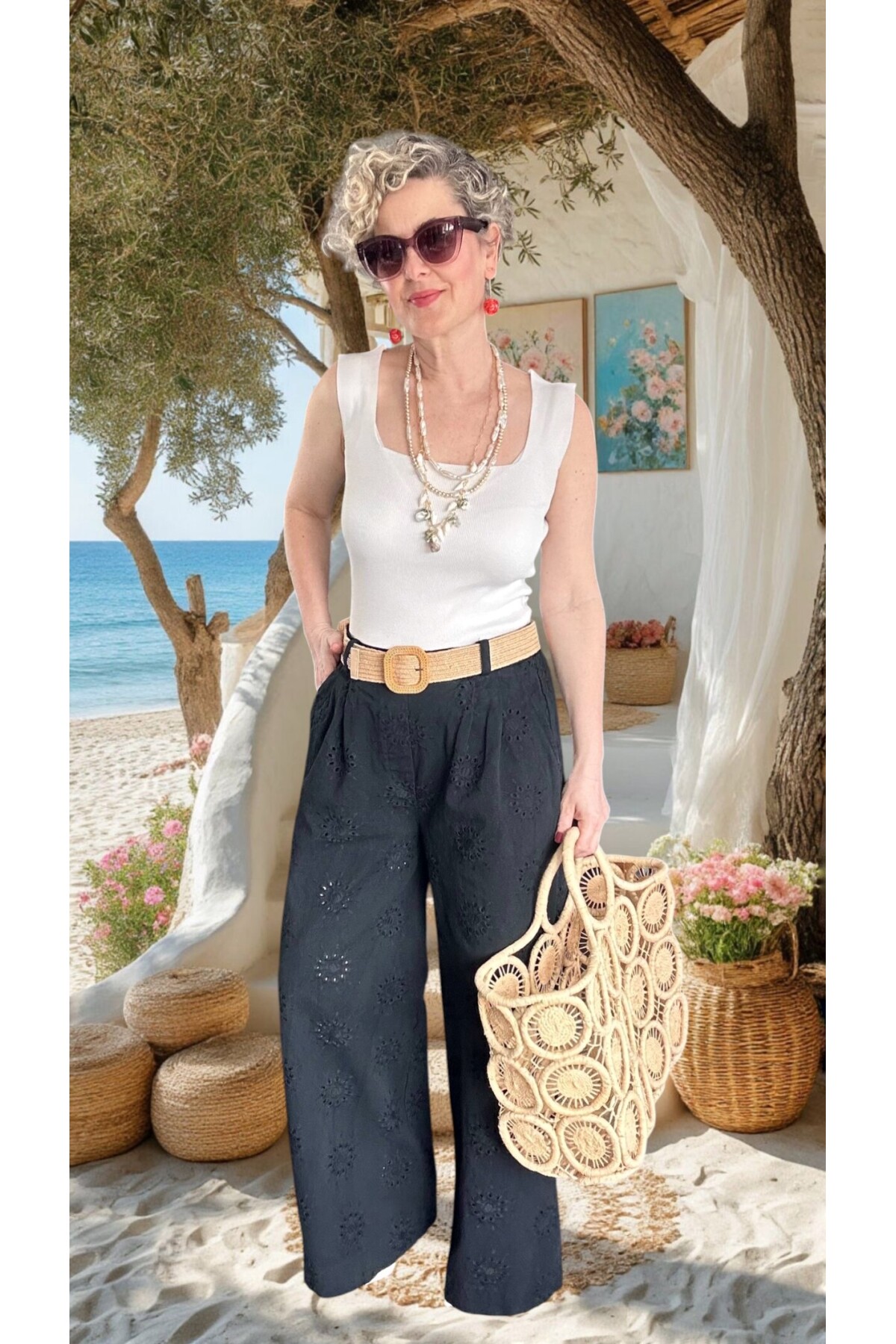 Prato Hasır Kemerli Fisto Nakışlı Pamuk Pantolon Siyah