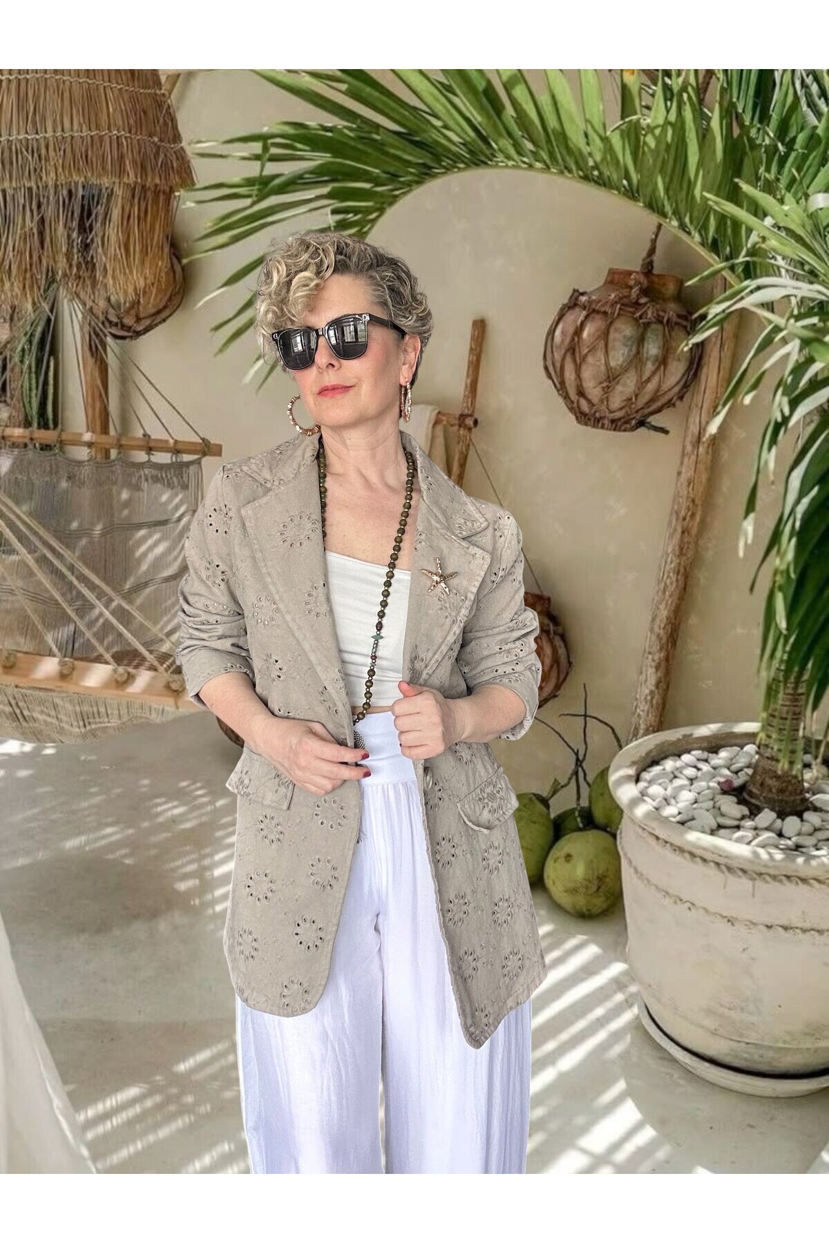 Primma | Fisto Nakışlı & Yıldız Broşlu Pamuk Blazer Fango