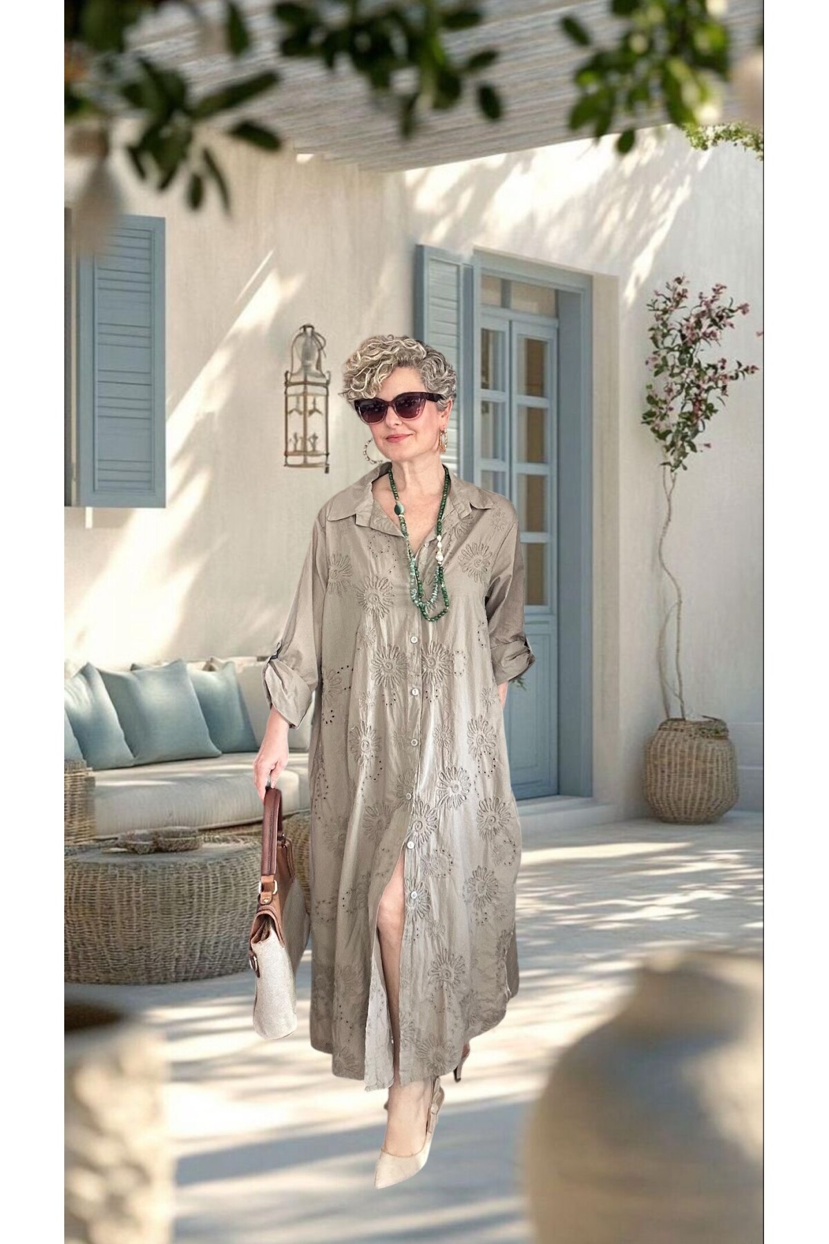 Pucca İtalyan Çiçek Detaylı Gömlek  Elbise Kap Fango